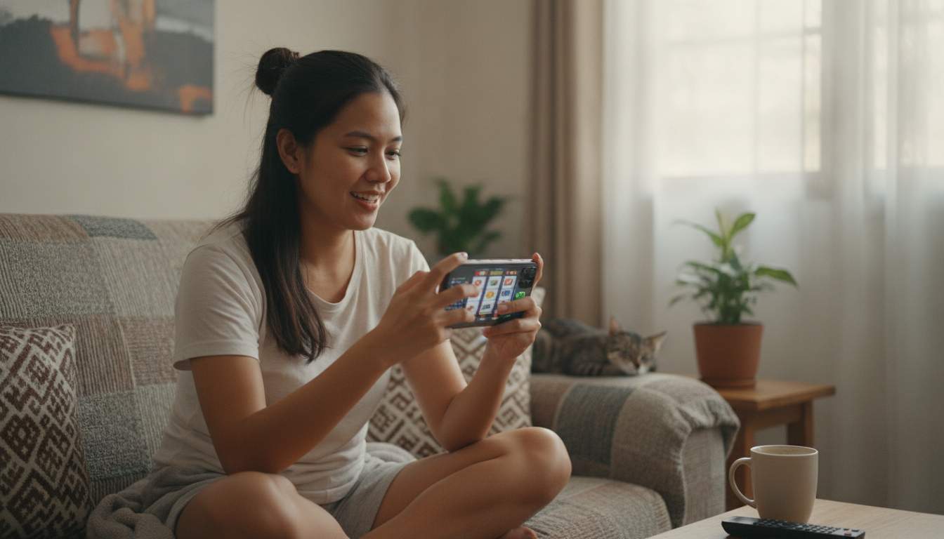 Woman exploring online slots on SLOTSGO